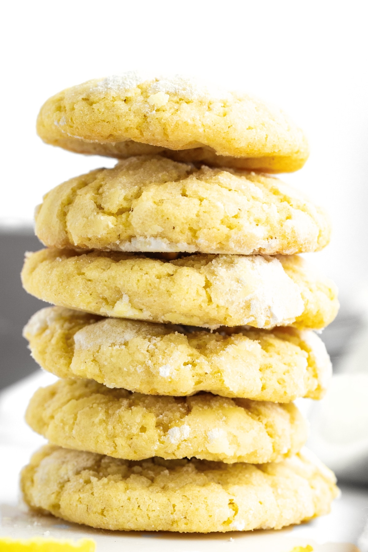A stack of gluten-free lemon crinkle cookies.