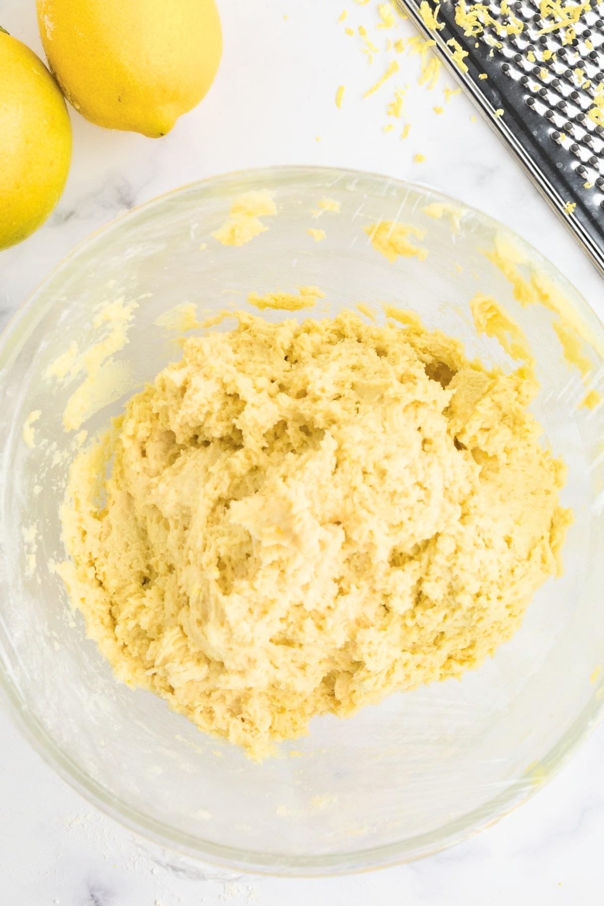 Cookie dough in glass bowl.