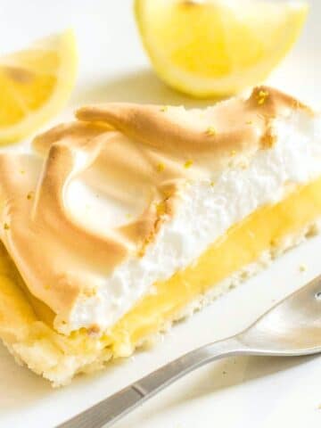 Up close shot of slice of lemon meringue pie