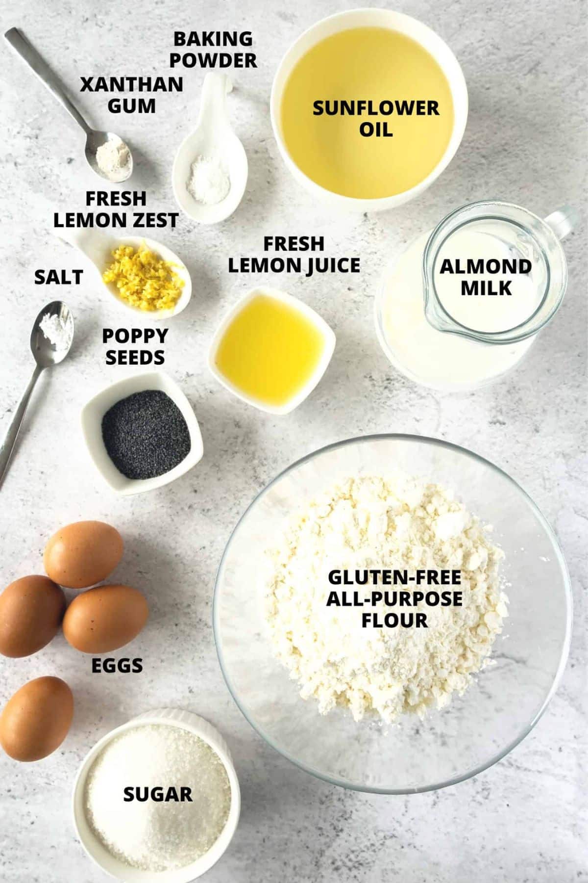 Top down view of ingredients required for gluten-free dairy-free lemon poppy seed muffin recipe.
