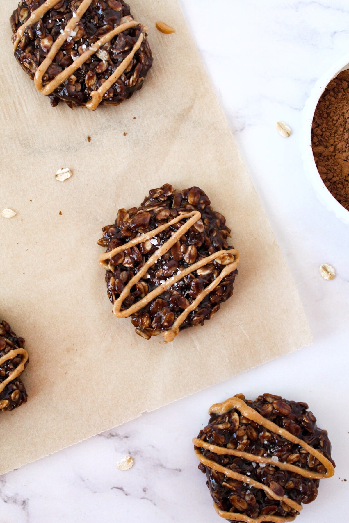 Up close shot of no-bake chocolate oatmeal cookies.