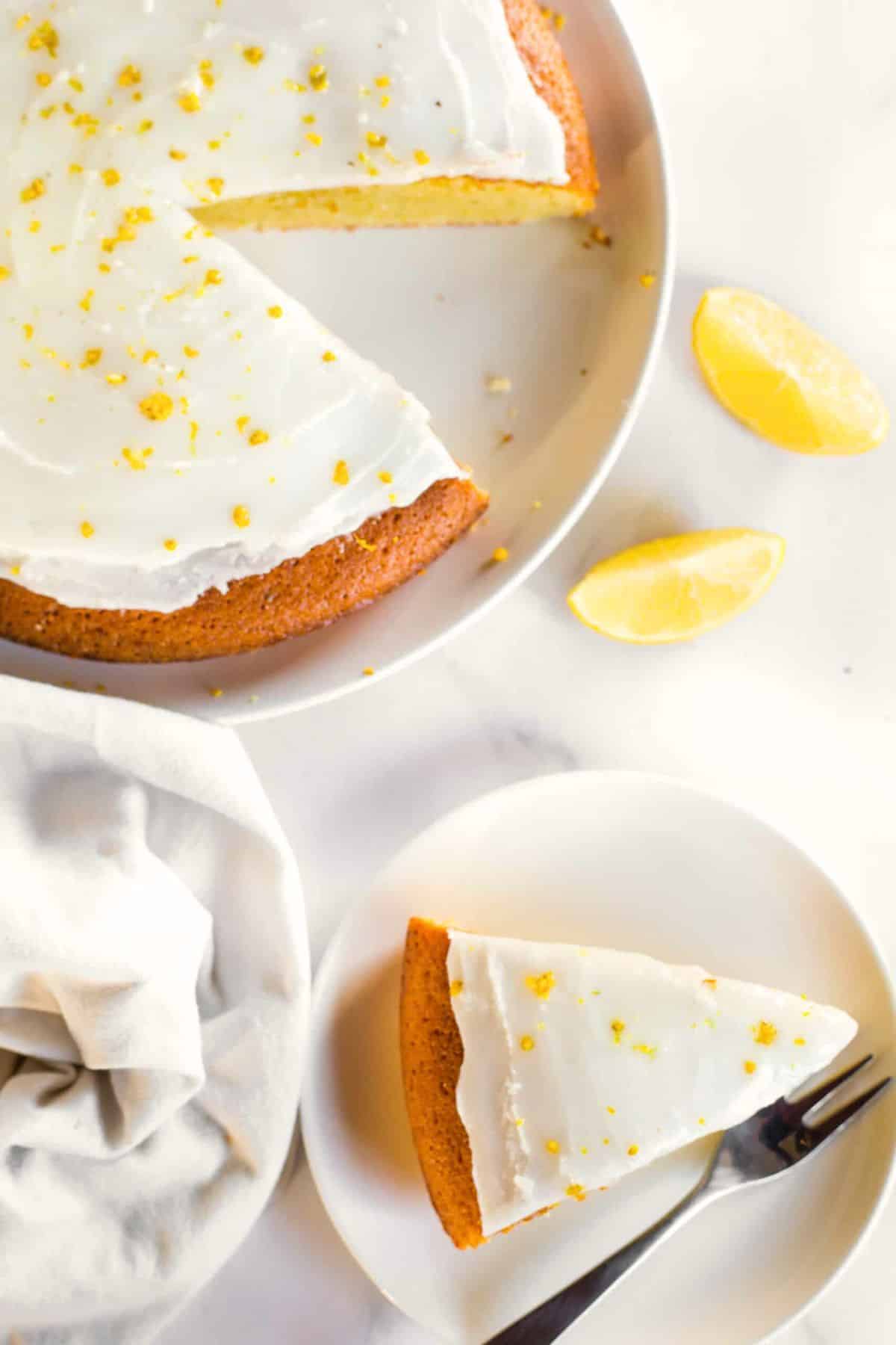 Gluten-Free Olive Oil Cake Recipe (Dairy-Free) Top down view of gluten-free olive oil cake on plate.