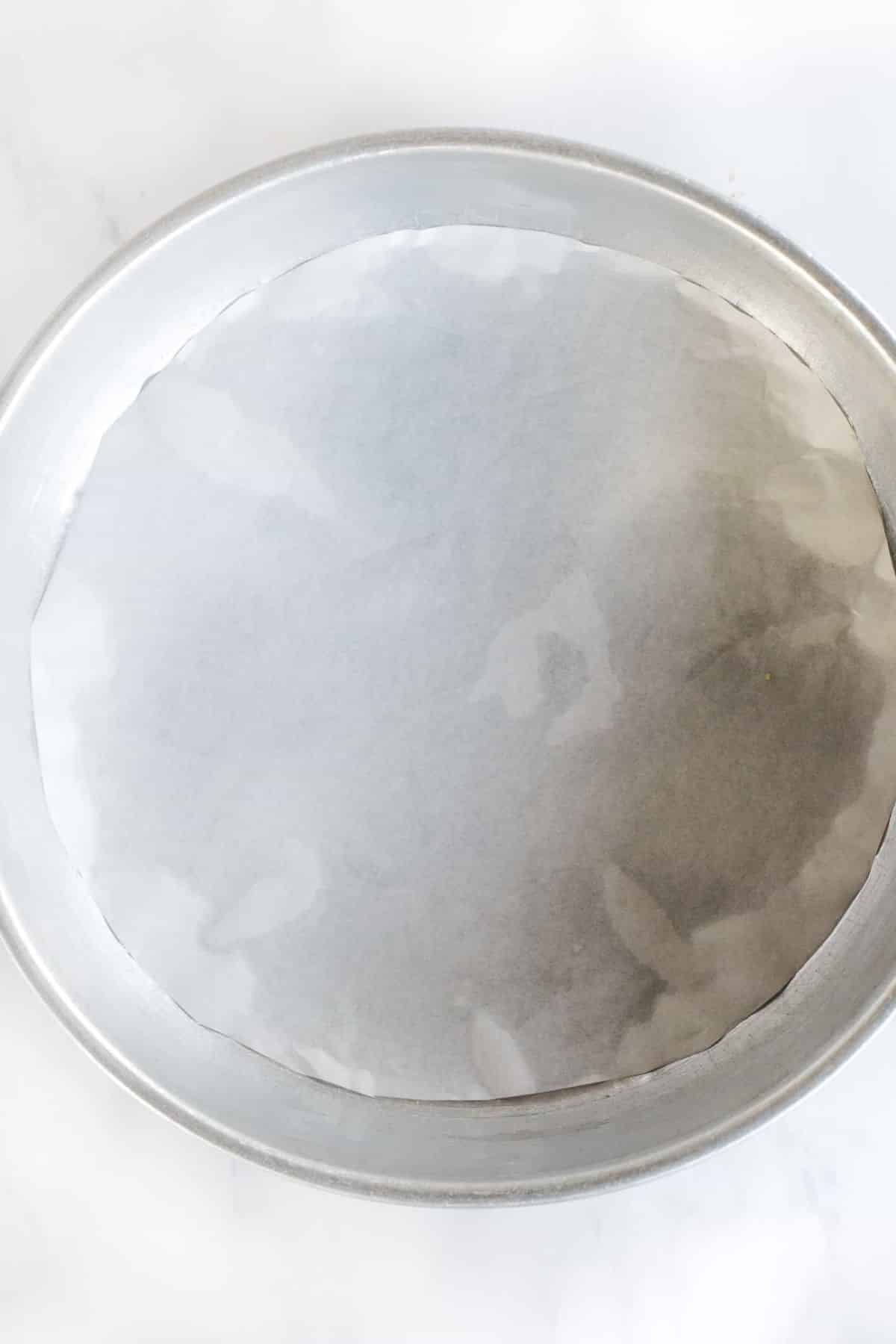 Gluten-Free Lemon Olive Oil Cake (Dairy-Free) Parchment-lined round cake pan