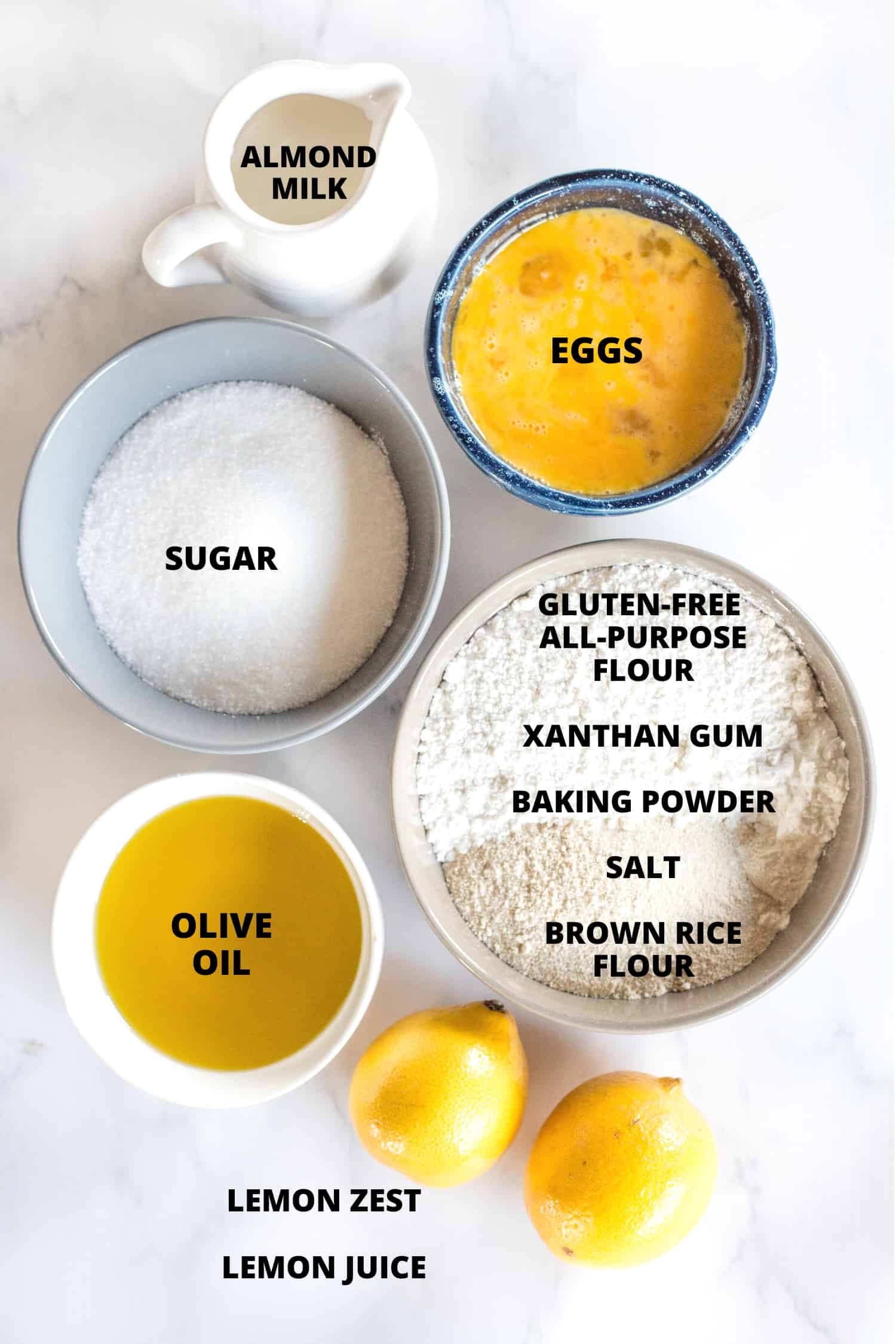 Ingredients required for gluten free dairy free olive oil cake recipe.