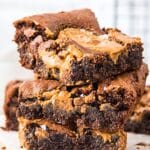 A stack of gluten-free peanut butter brownies