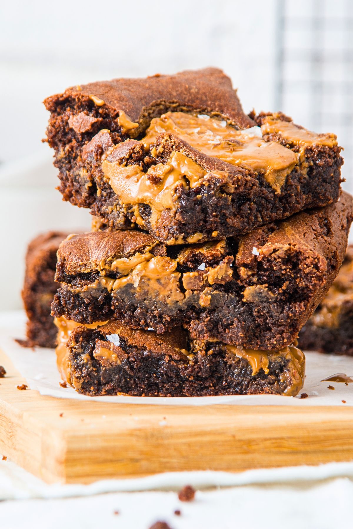 A stack of gluten-free peanut butter brownies