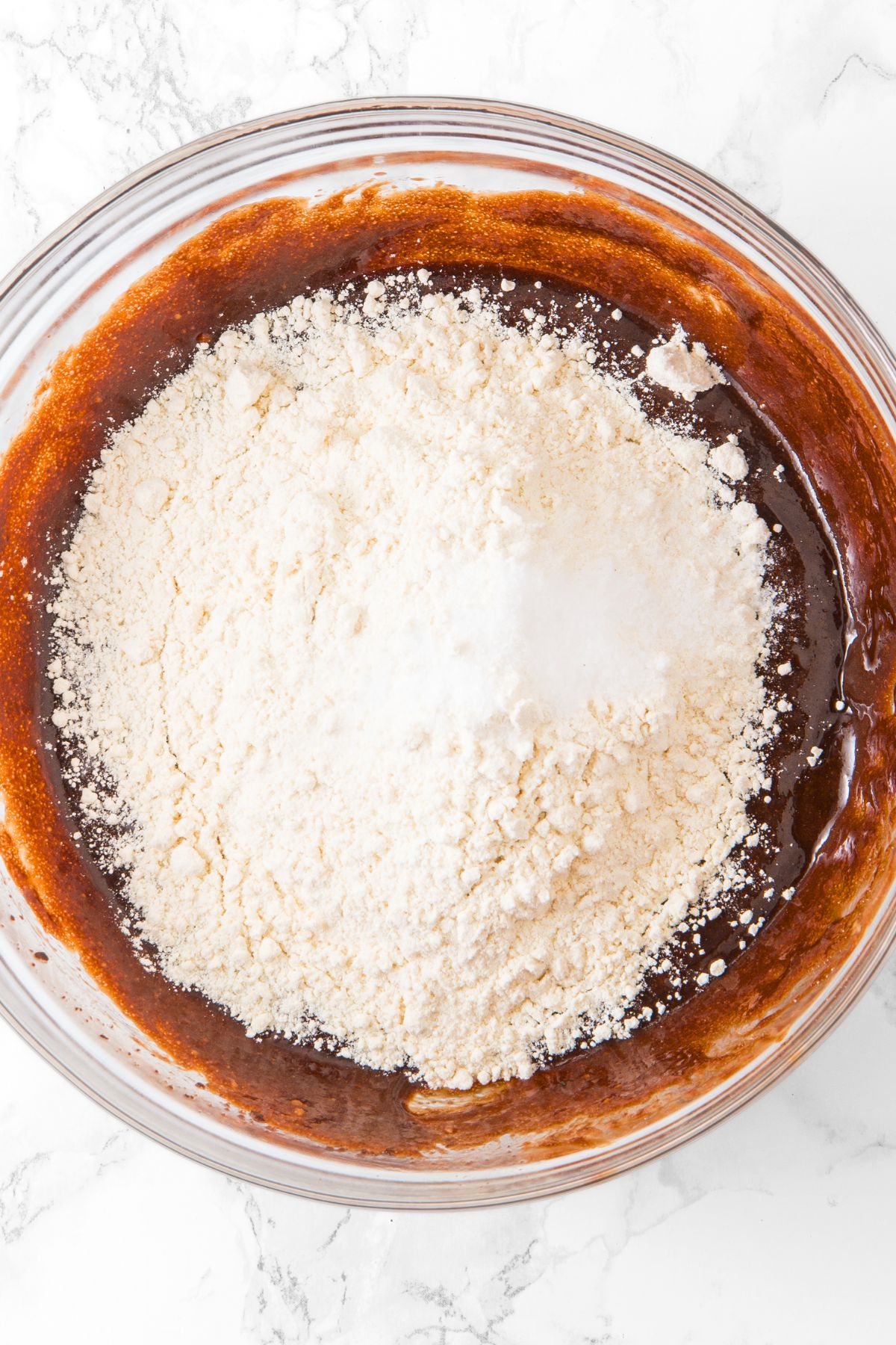 Flour mixture on top of chocolate batter