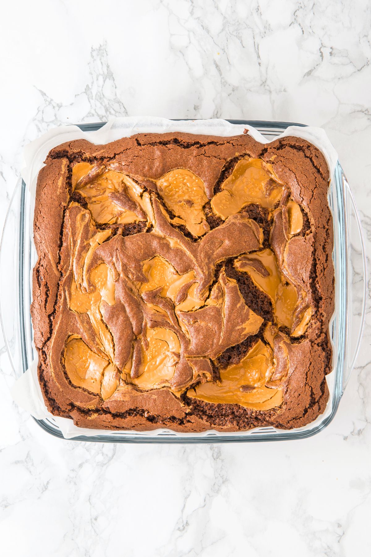 Freshly baked peanut butter brownies in glass pan.