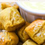 Up close view of soft pretzel bites sprinkled with sea salt