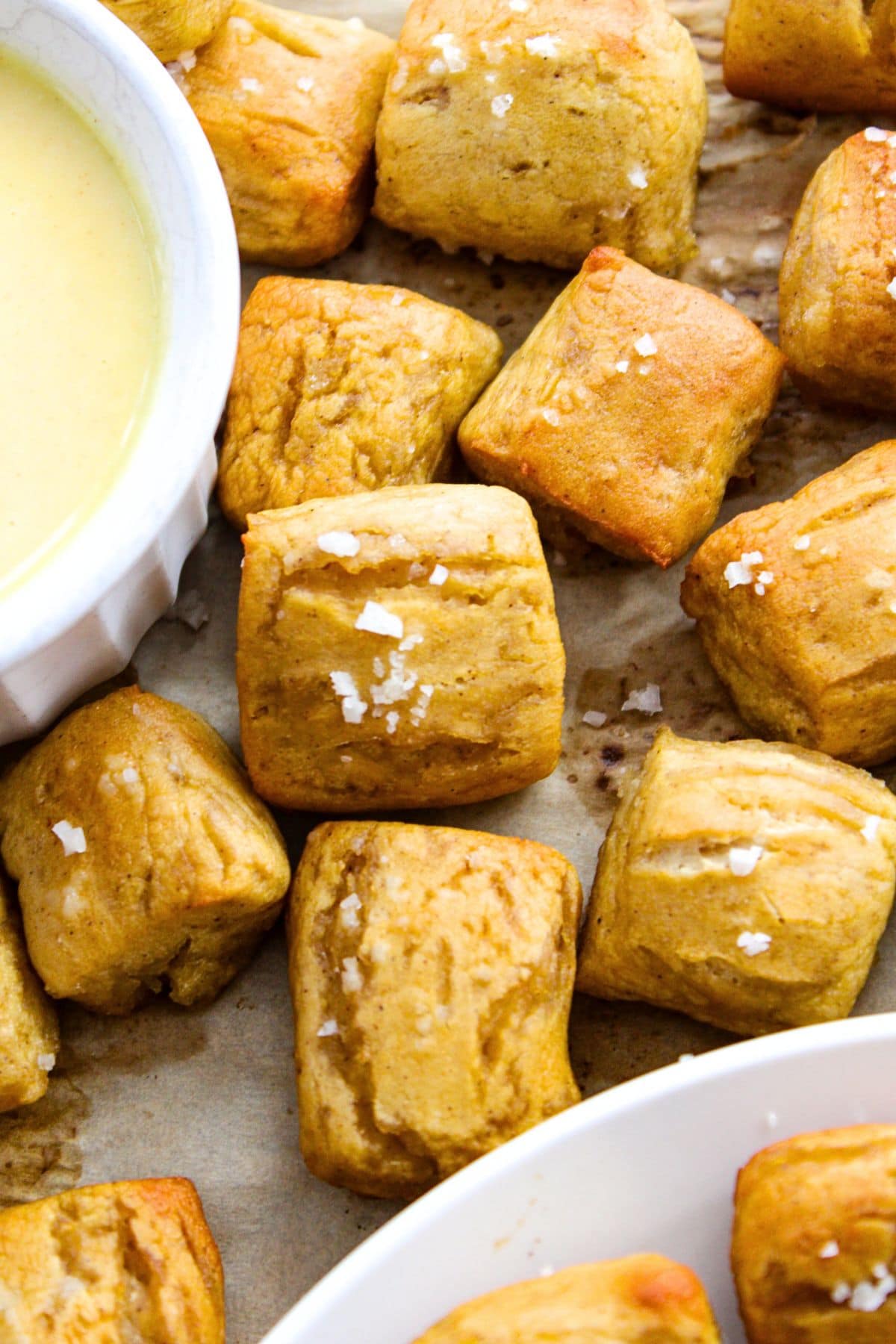 Gluten-free soft pretzel bites on parchment paper