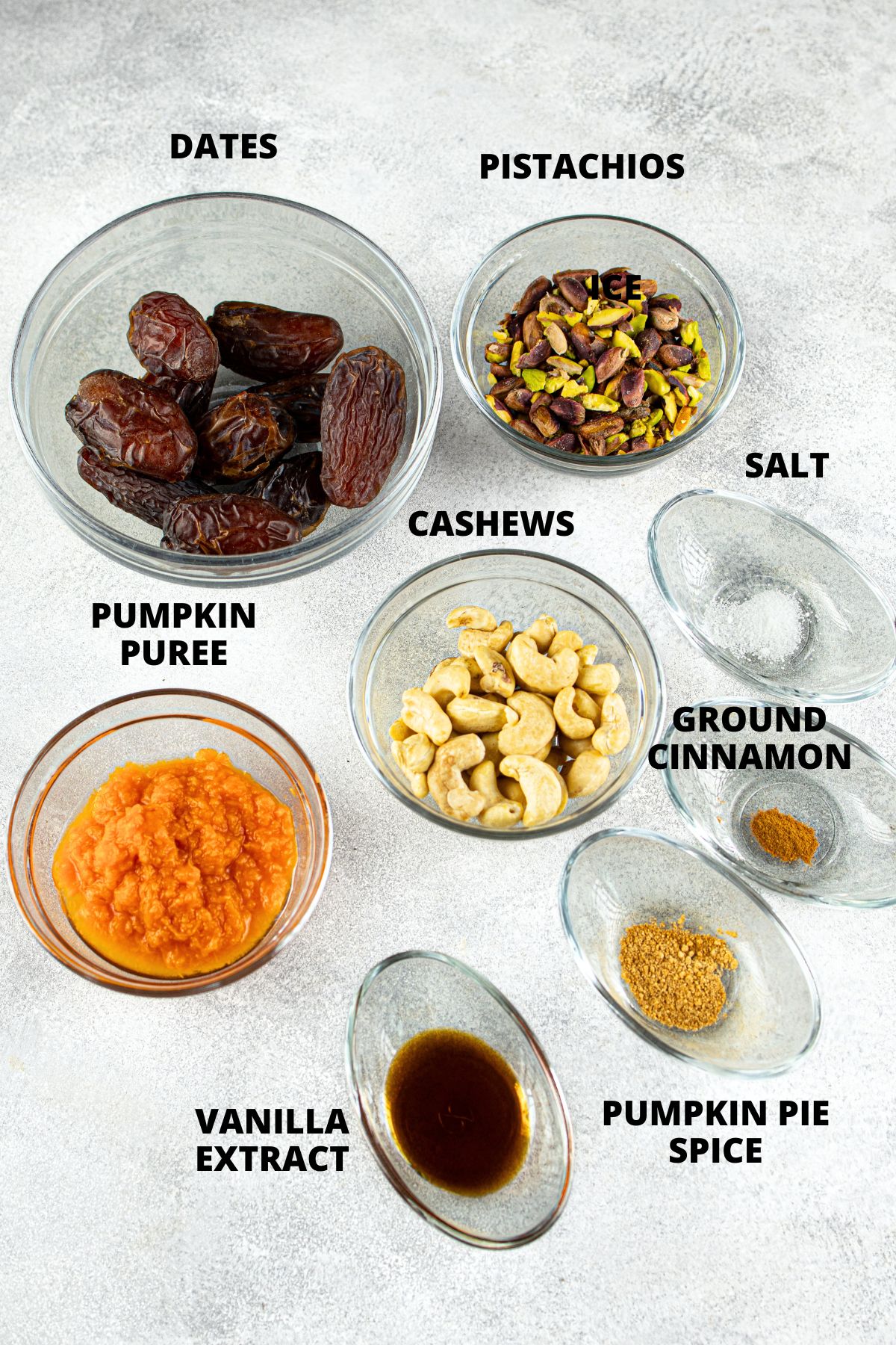 Ingredients for gluten-free protein balls recipe laid out on board.