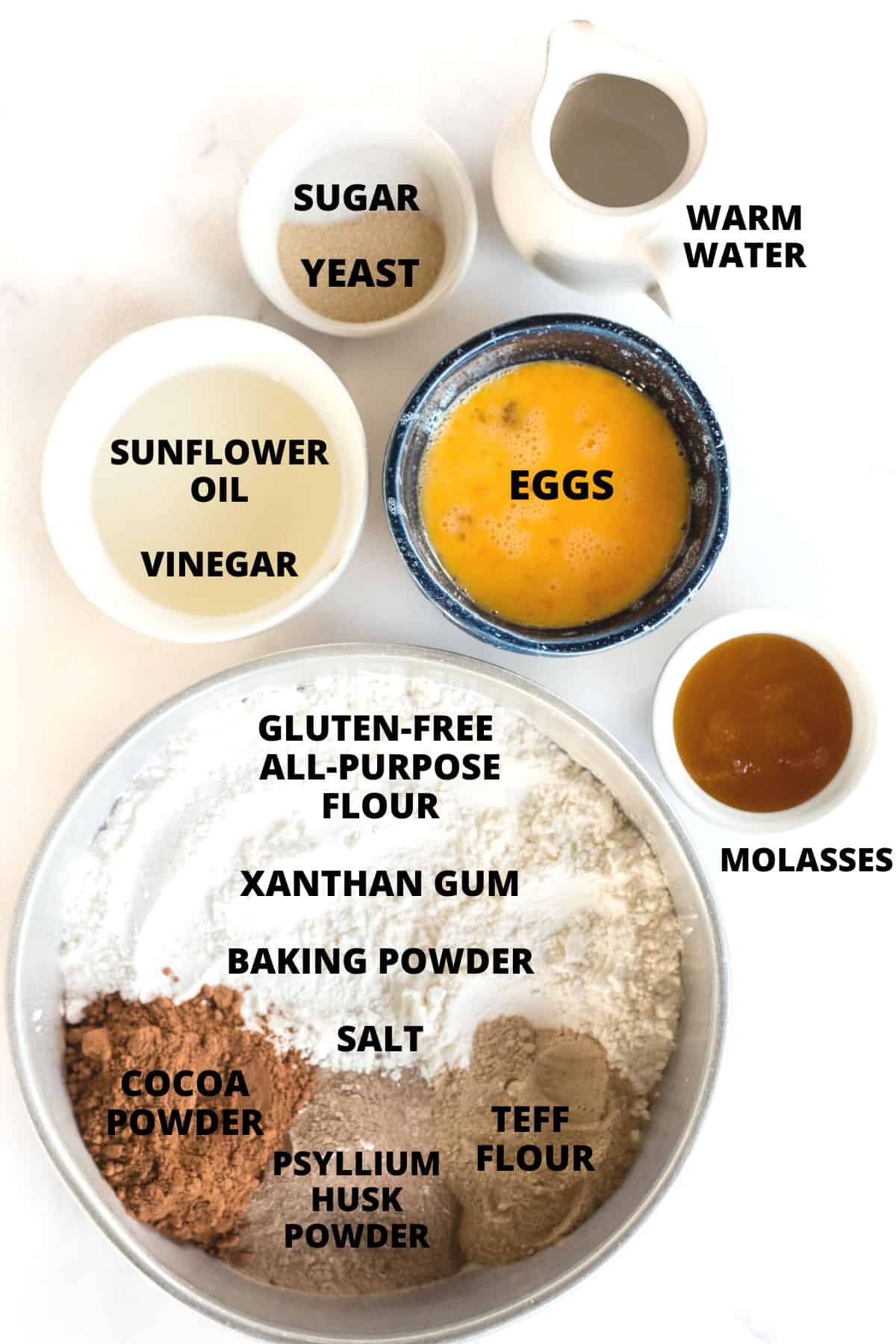 Ingredients required for gluten-free pumpernickel bread recipe.