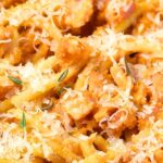 Up close view of gluten-free pumpkin carbonara pasta