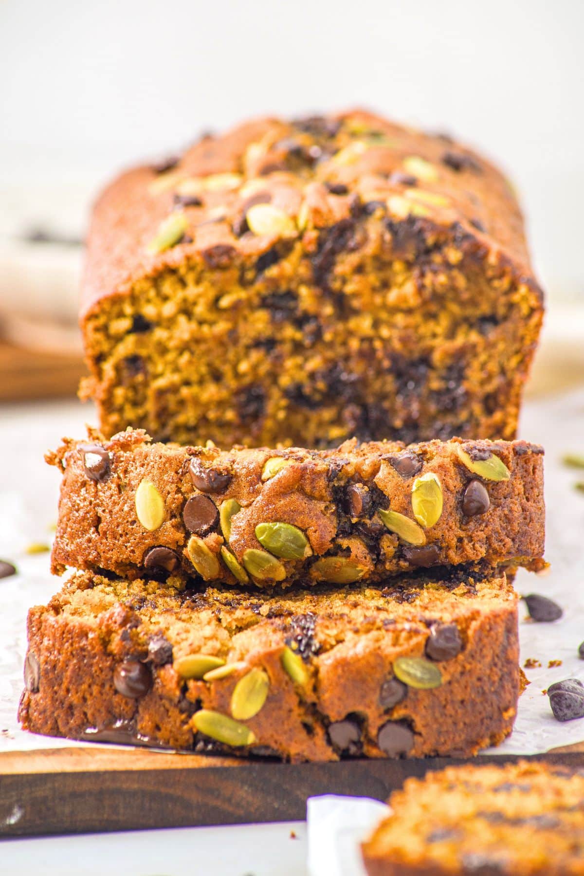 Sliced chocolate chip pumpkin bread (gluten-free).