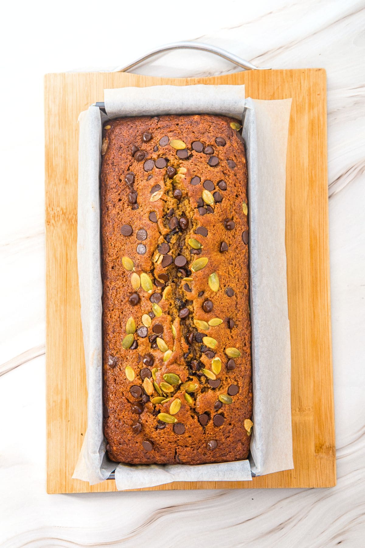Freshly baked pumpkin bread with chocolate chips.