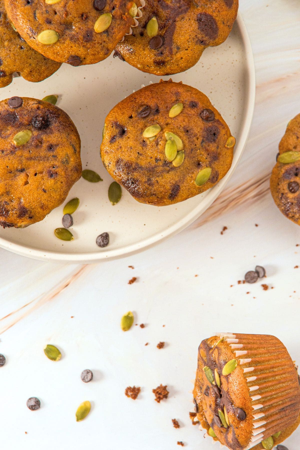Top down view of muffins on plate