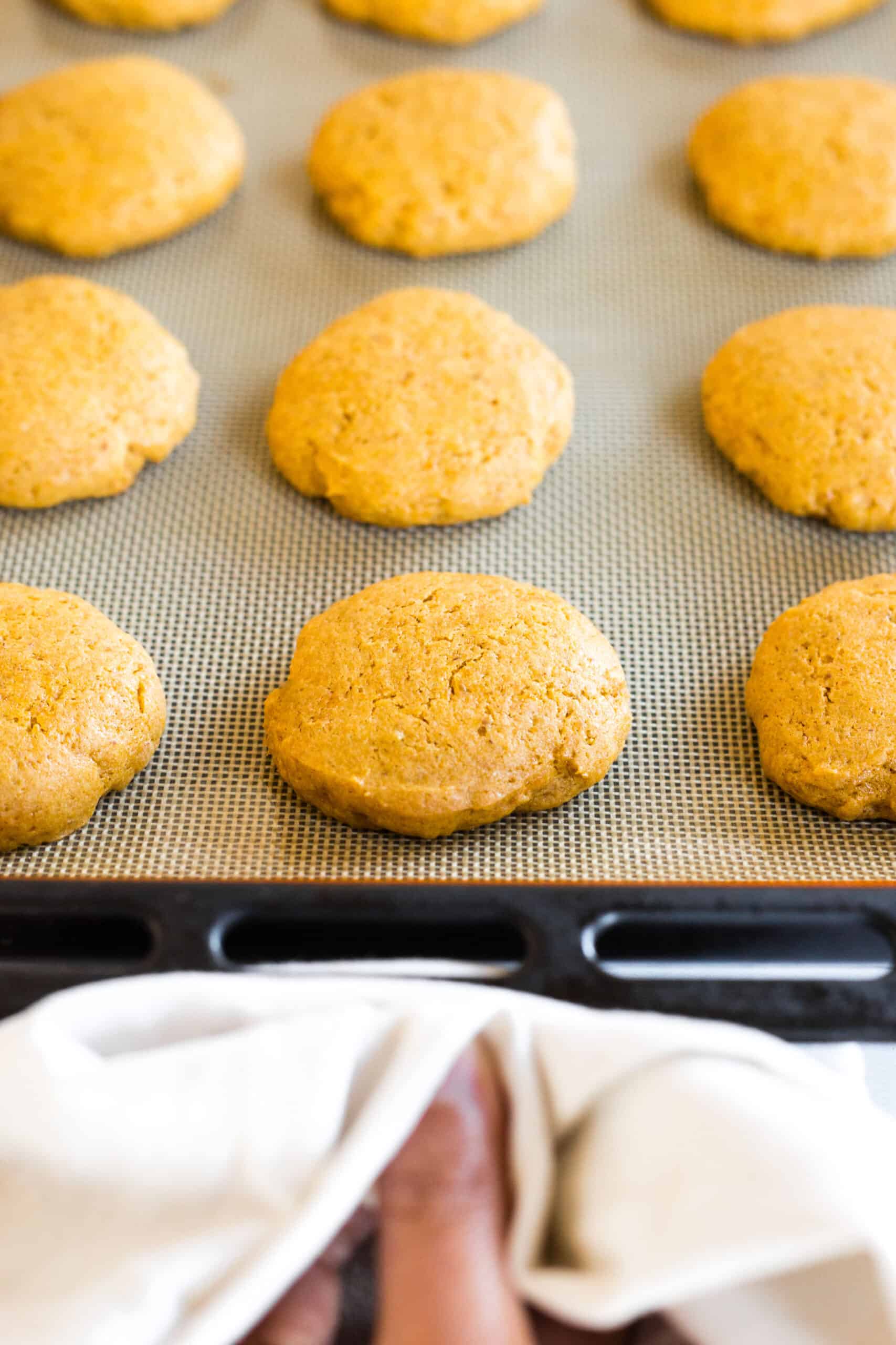 Hand pulling out a cookie sheet with gluten-free cookies.
