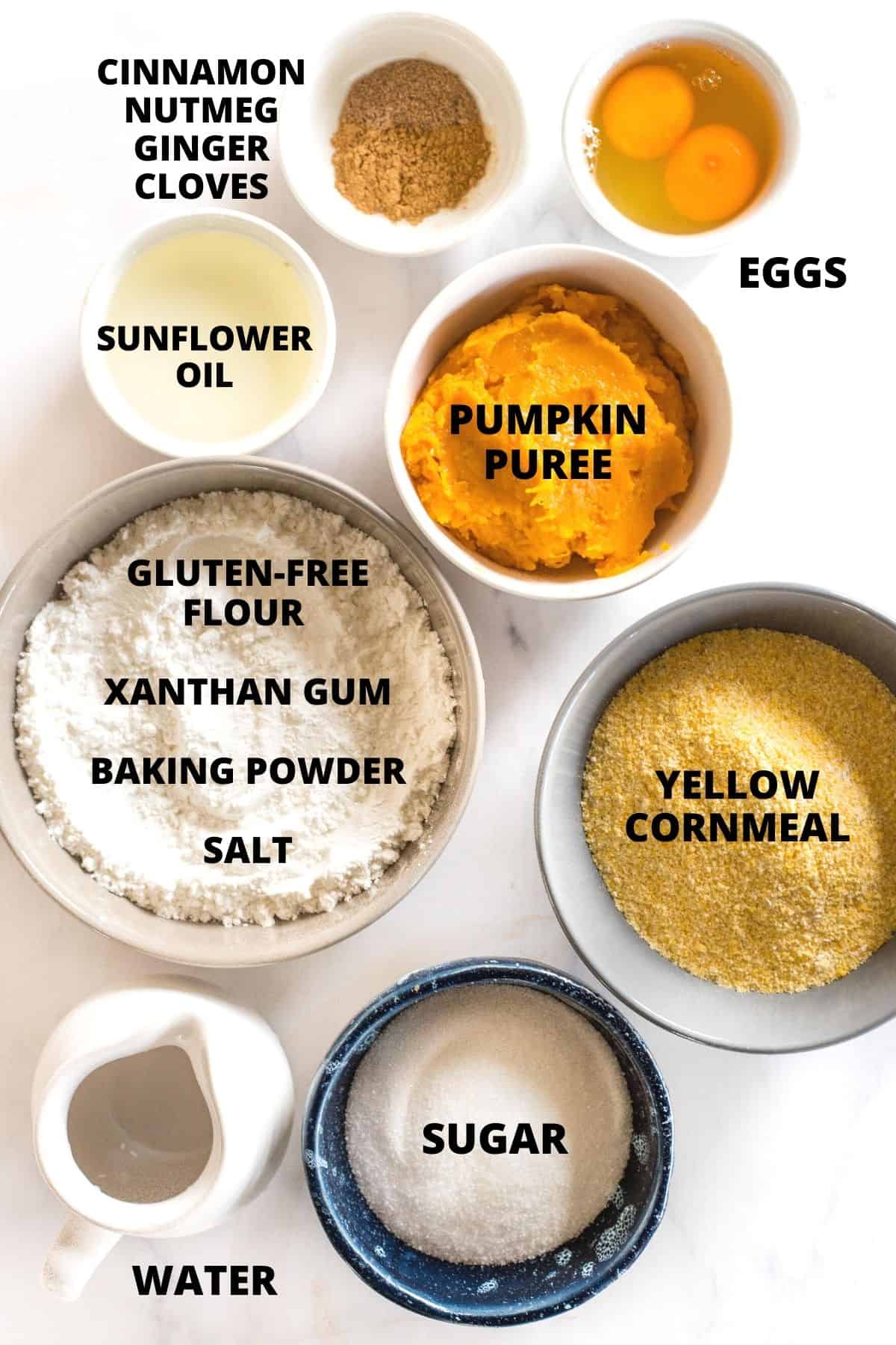 Ingredients for gluten-free pumpkin cornbread recipe laid out on marble board.