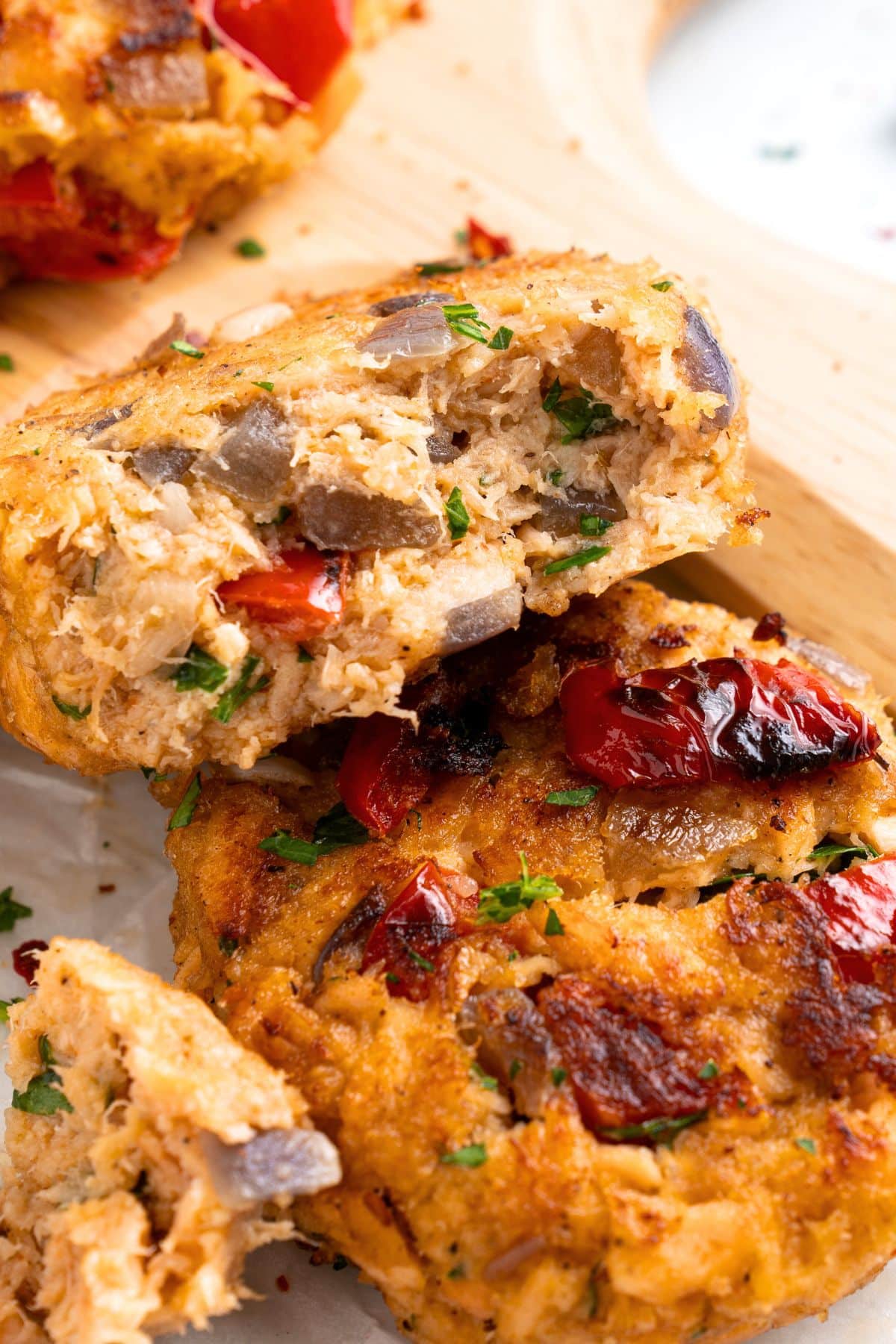 Up close view of half-eaten gluten-free salmon cakes