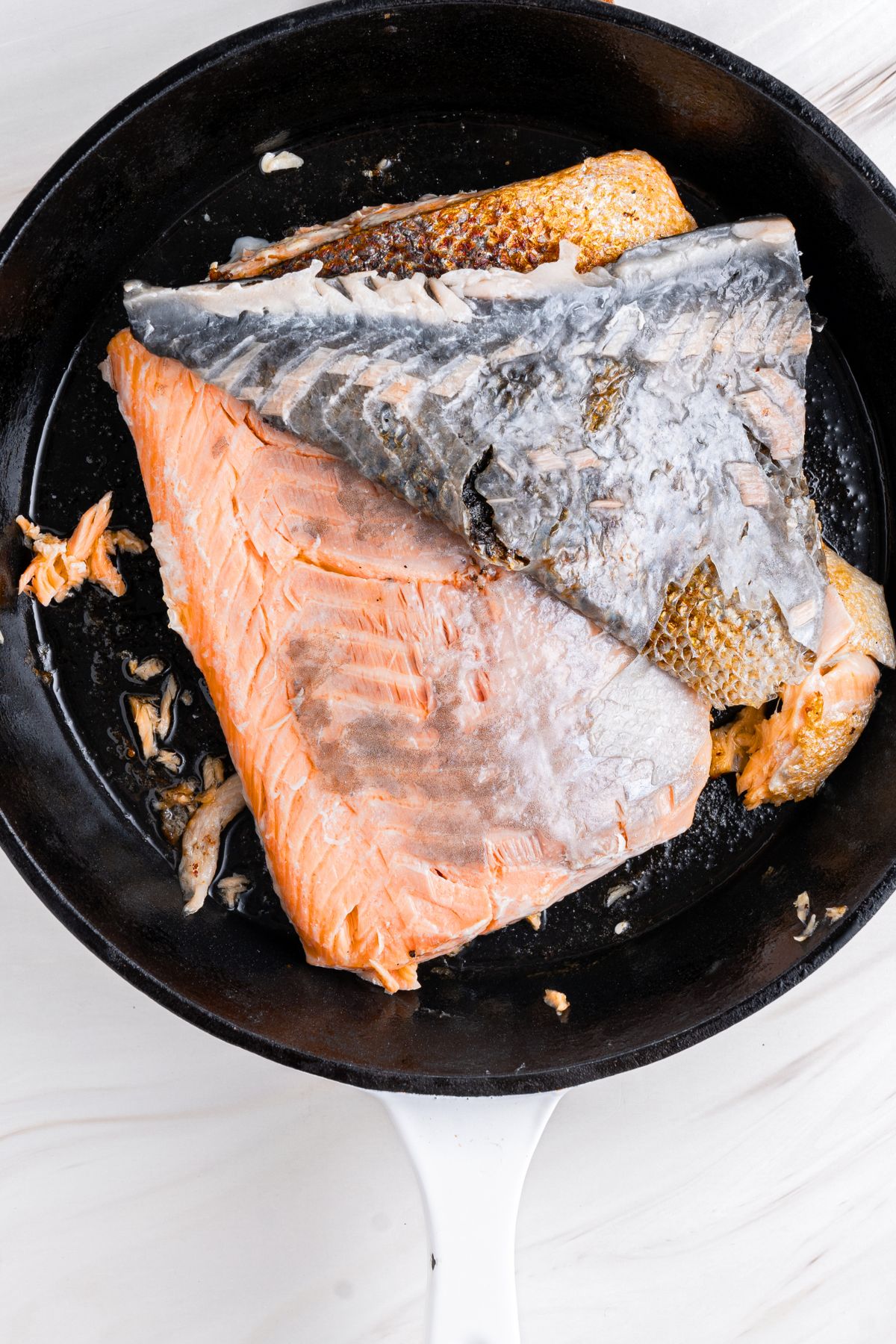 Skin peeled off pan-fried salmon