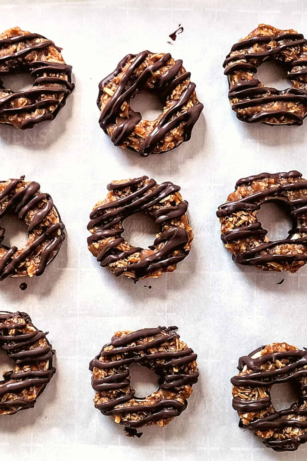 Copycat girl scout samoas on parchment paper.
