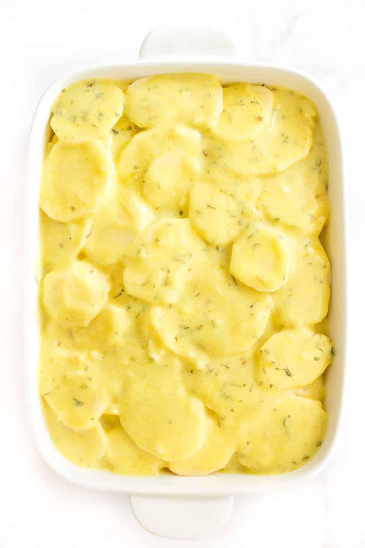 Scalloped potatoes about to be baked.
