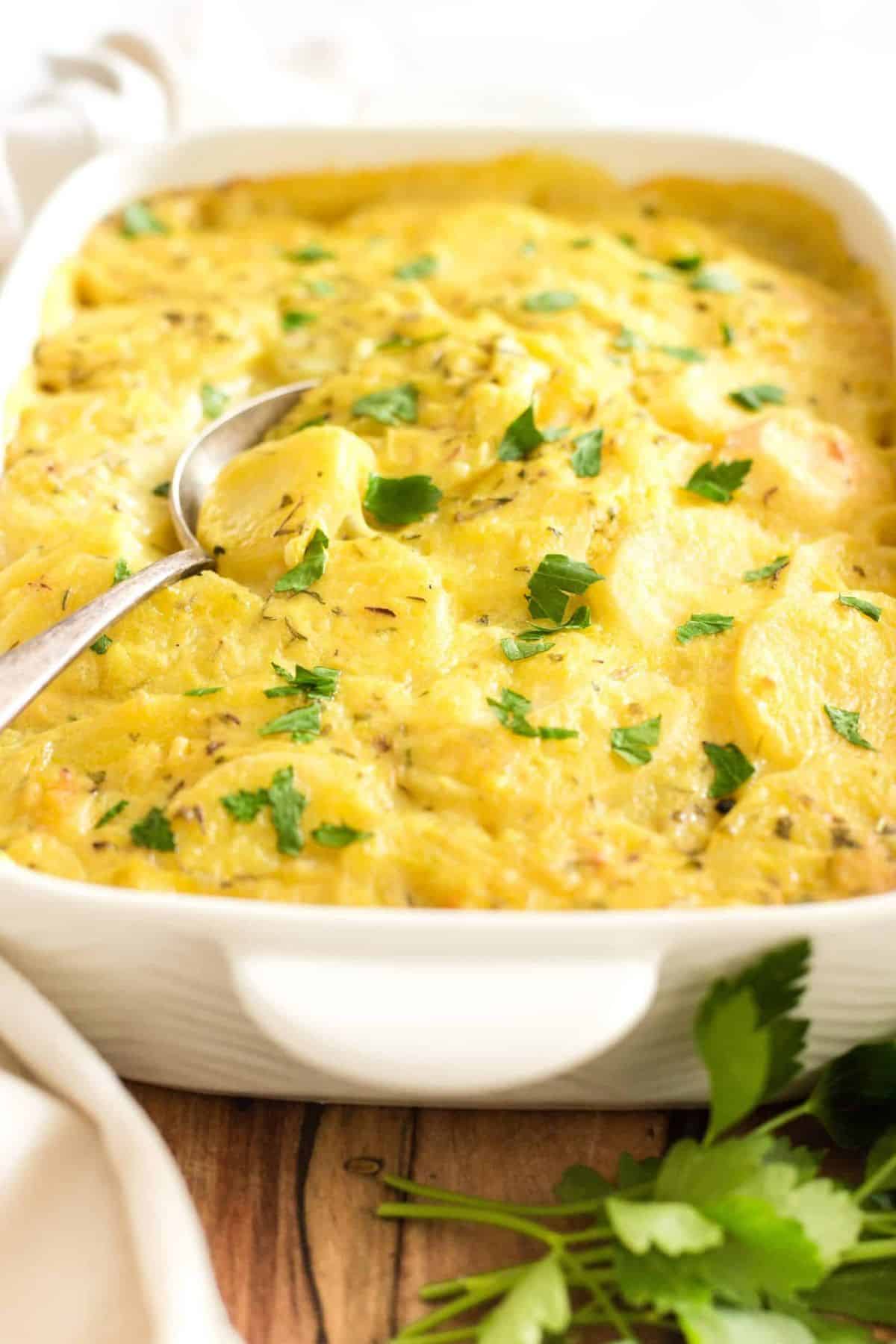 Up close shot of gluten-free dairy-free potato bake.