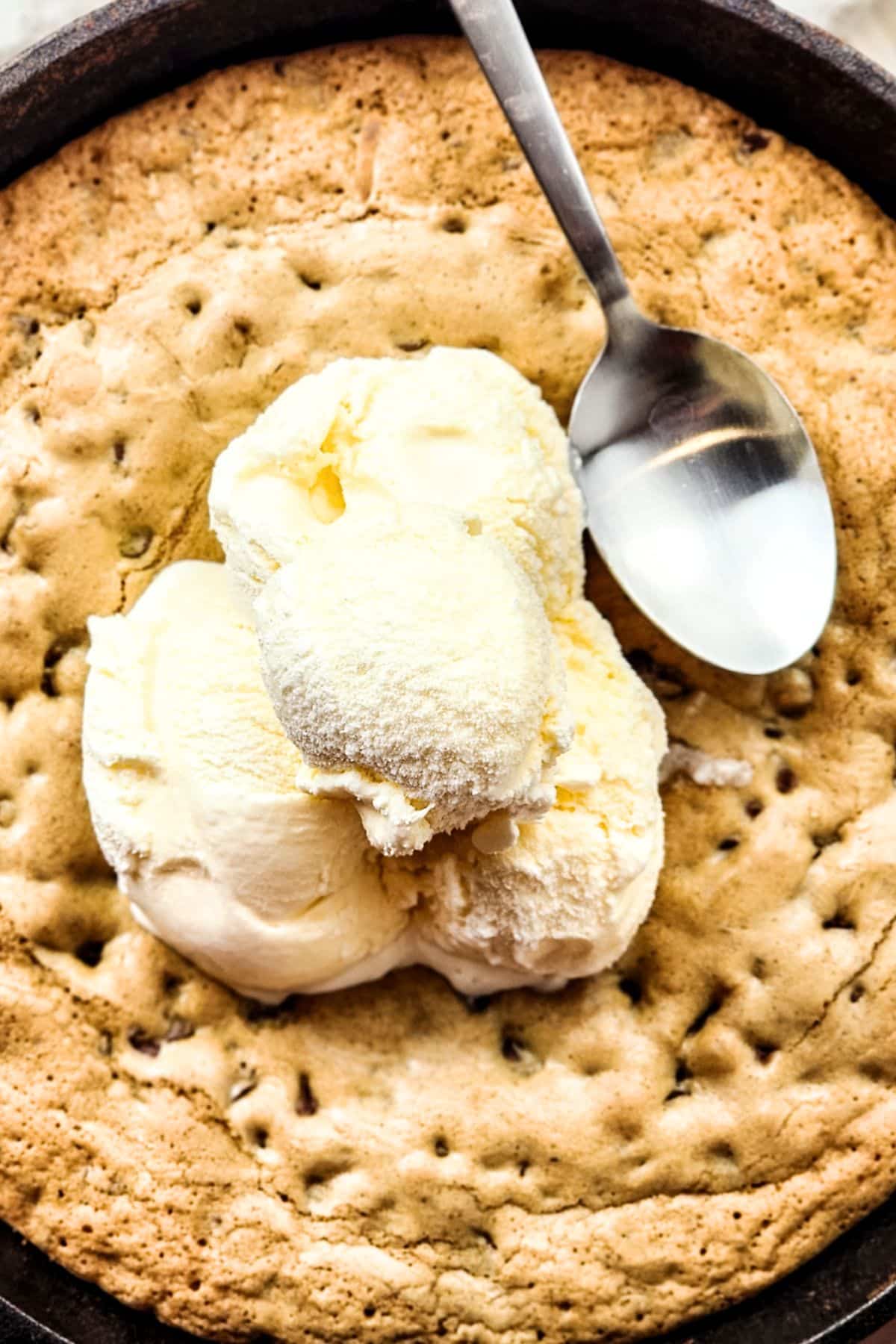 Ice cream on top of skillet cookie