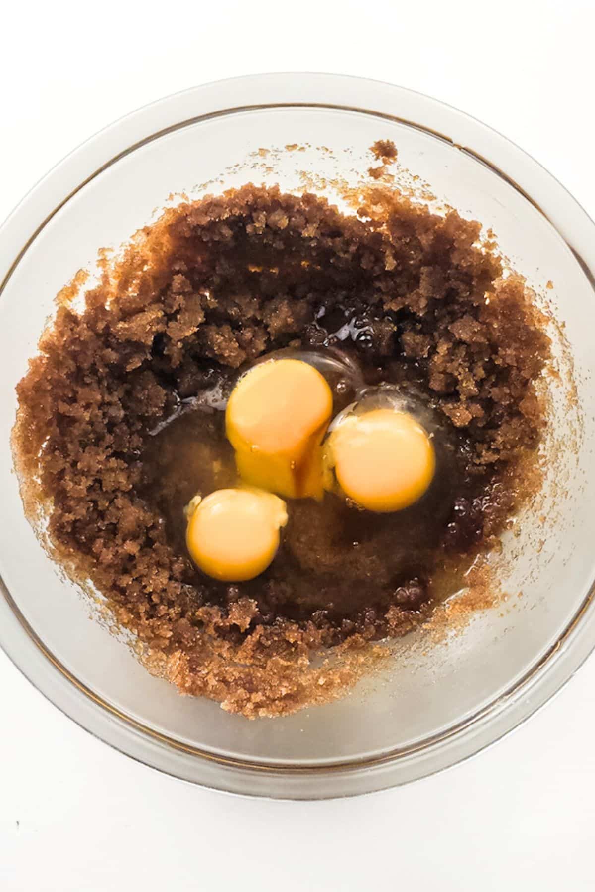 Eggs on top of butter-sugar mixture.