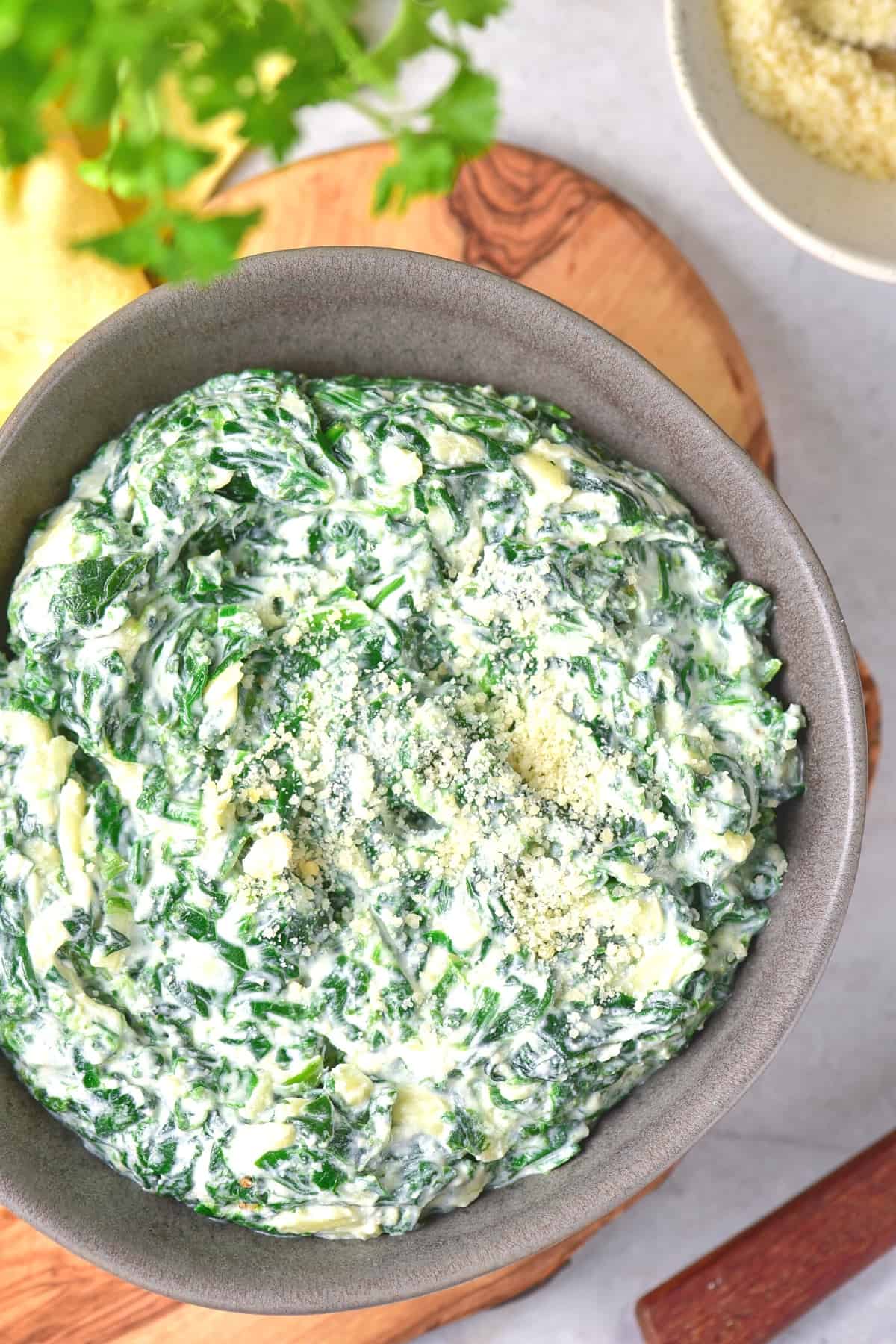 Top down view of a bowl of spinach dip.