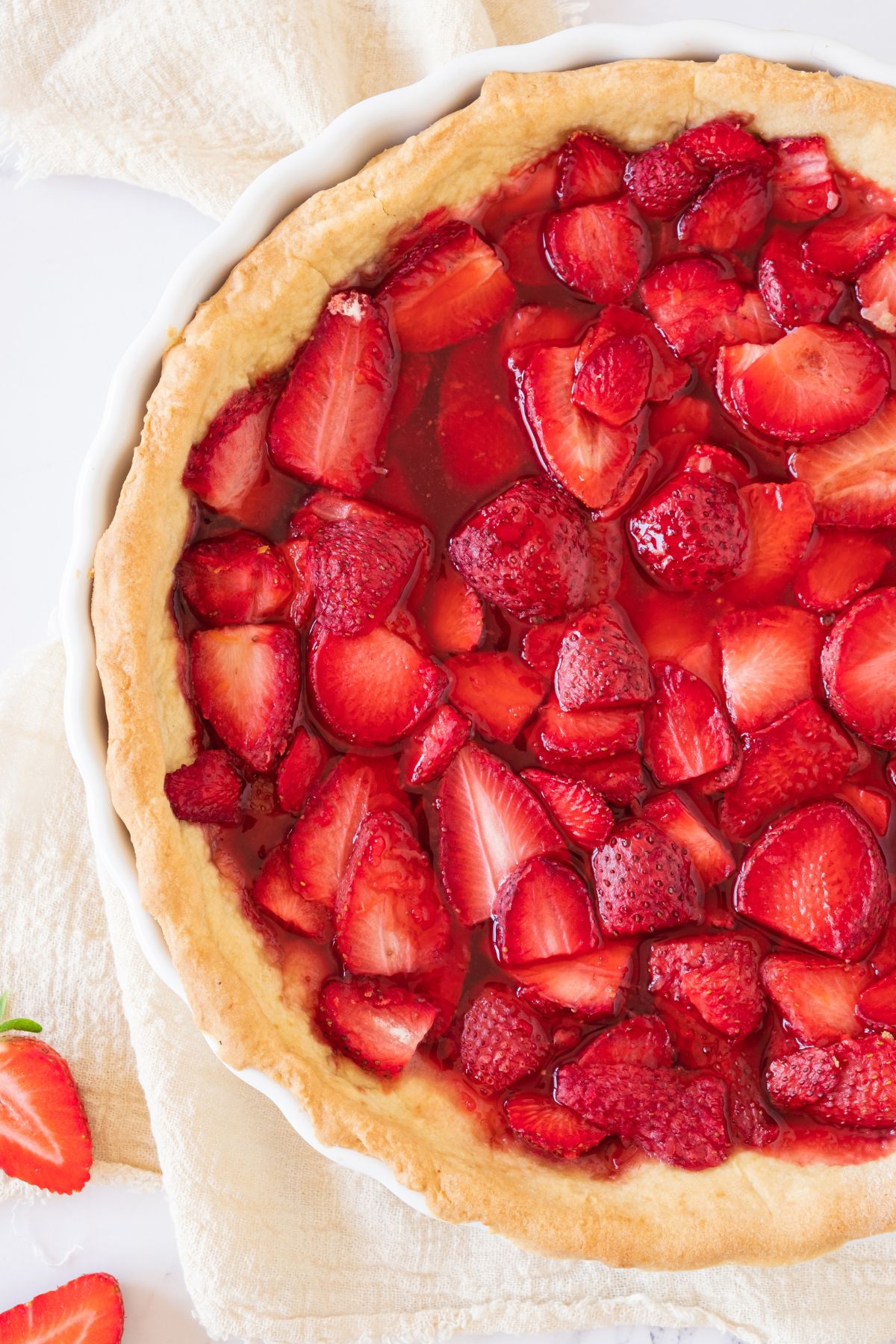 Top down view of freshly baked gluten-free strawberry pie.