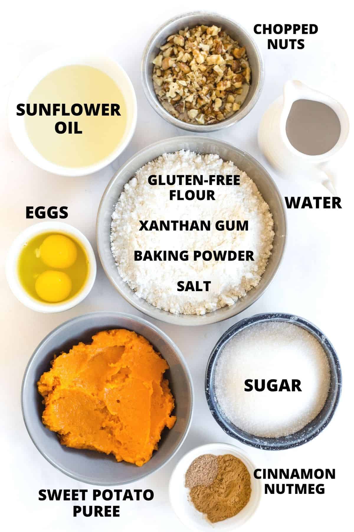 Ingredients required for making gluten-free sweet potato bread recipe.