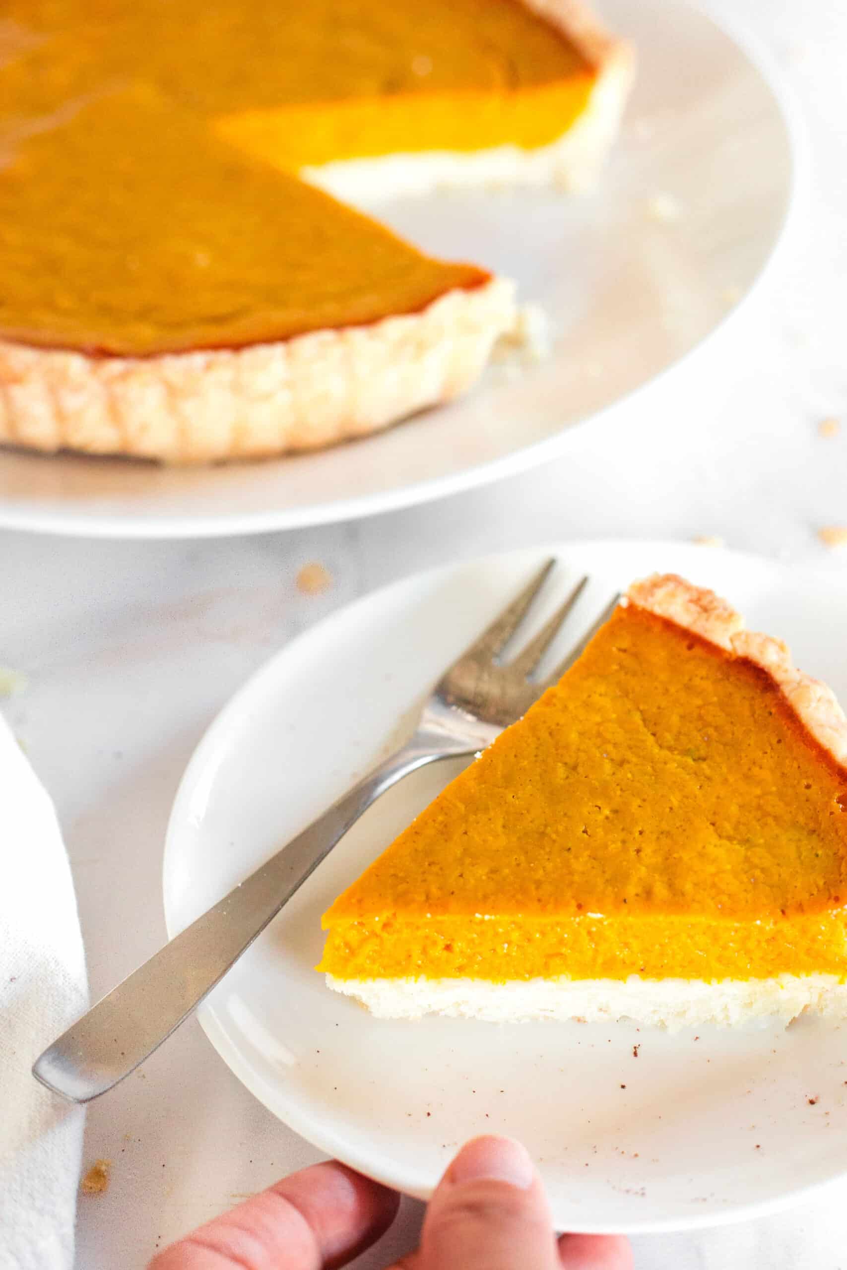 A slice of gluten-free sweet potato pie on a small white plate.