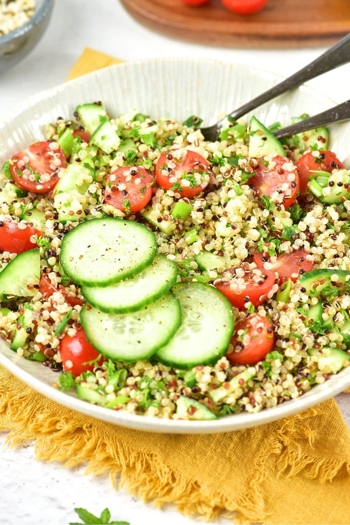 Gluten-Free Tabbouleh Recipe (Quinoa Tabbouleh Salad) Up close view of gluten-free tabbouleh with quinoa