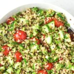 Up close view of a bowl of quinoa tabbouleh salad