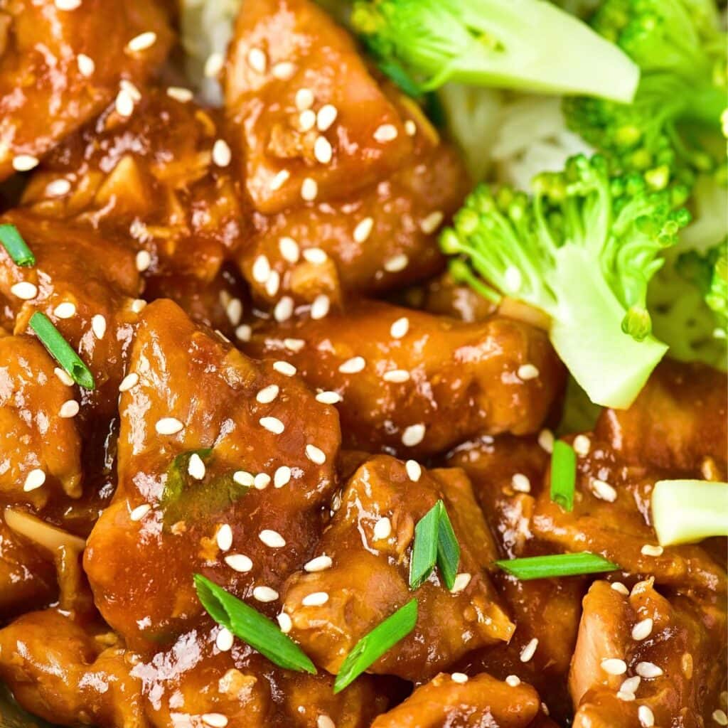 Top down view of gluten-free chicken teriyaki and broccoli