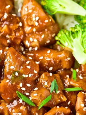 Top down view of gluten-free chicken teriyaki and broccoli