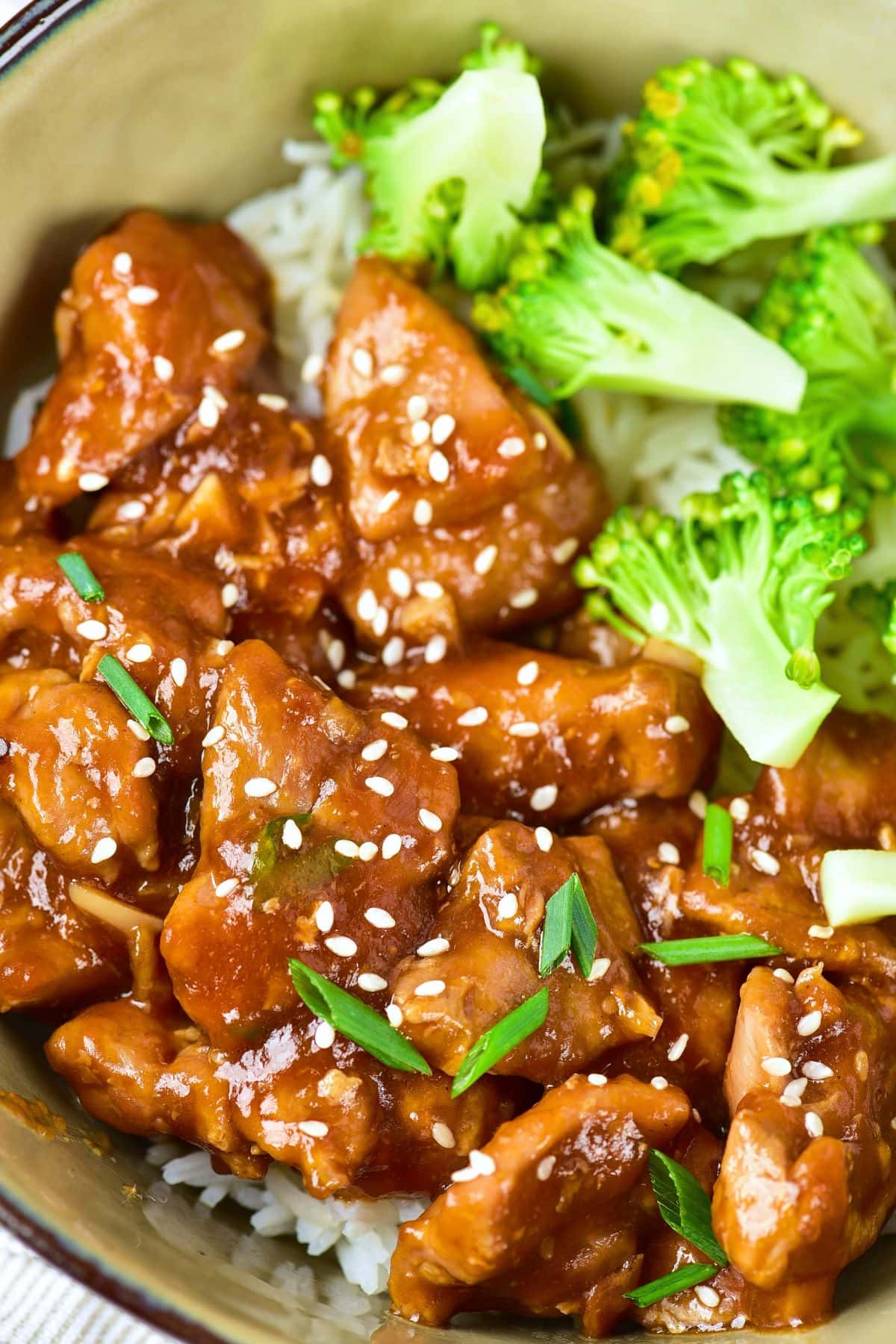Gluten-Free Teriyaki Chicken (Dairy-Free) Up close view of a bowl of gluten-free teriyaki chicken and broccoli