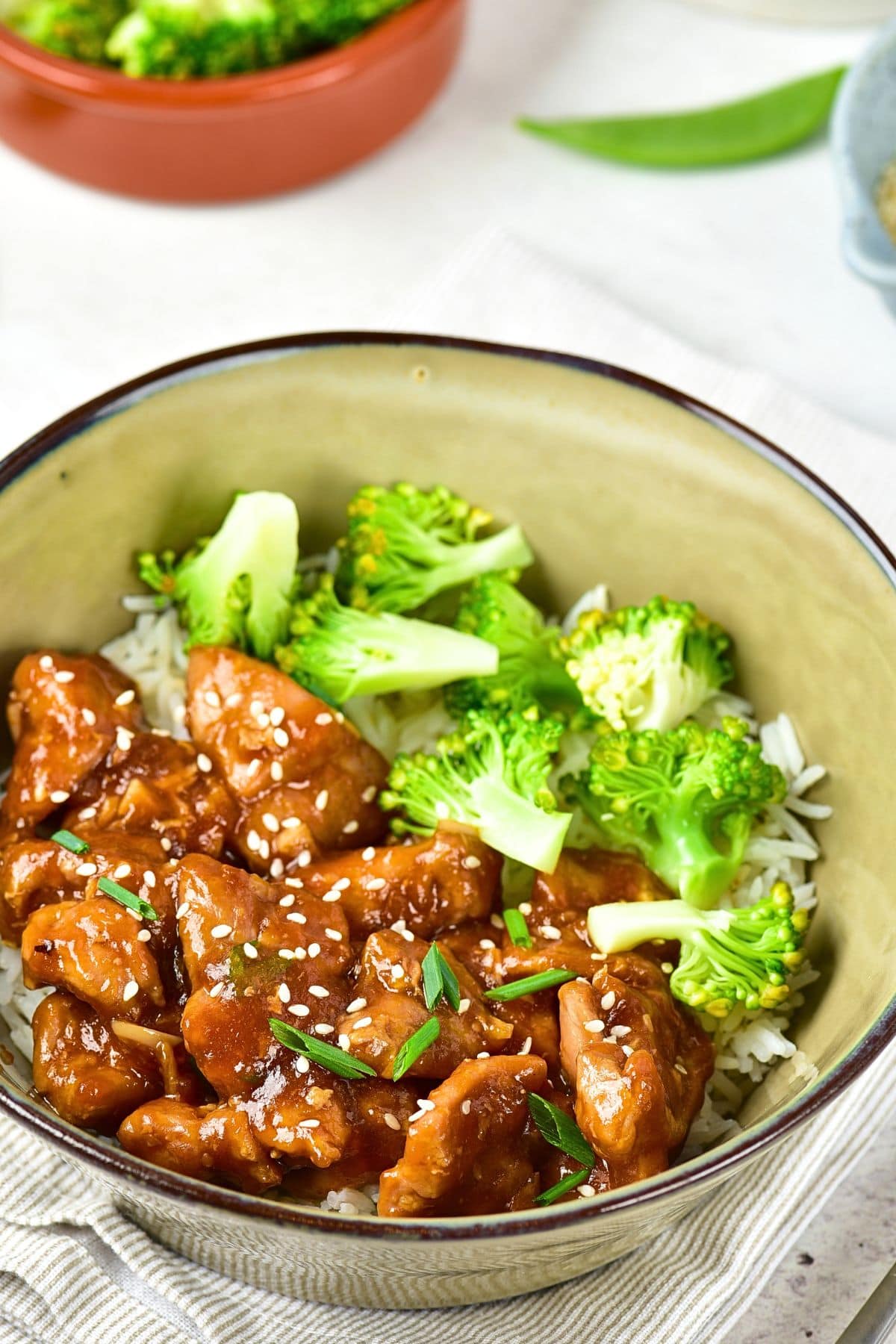 Gluten-Free Teriyaki Chicken Stir Fry (Dairy-Free) Up close view of a bowl of gluten-free teriyaki chicken stir fry