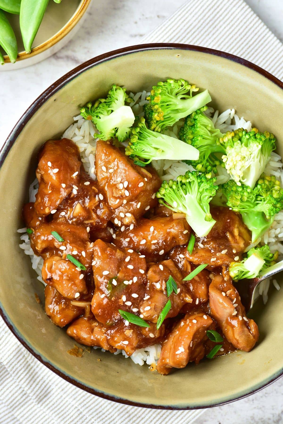 Gluten-Free Teriyaki Chicken Stir Fry (Dairy-Free) Top down view of a bowl of gluten-free teriyaki chicken stir fry