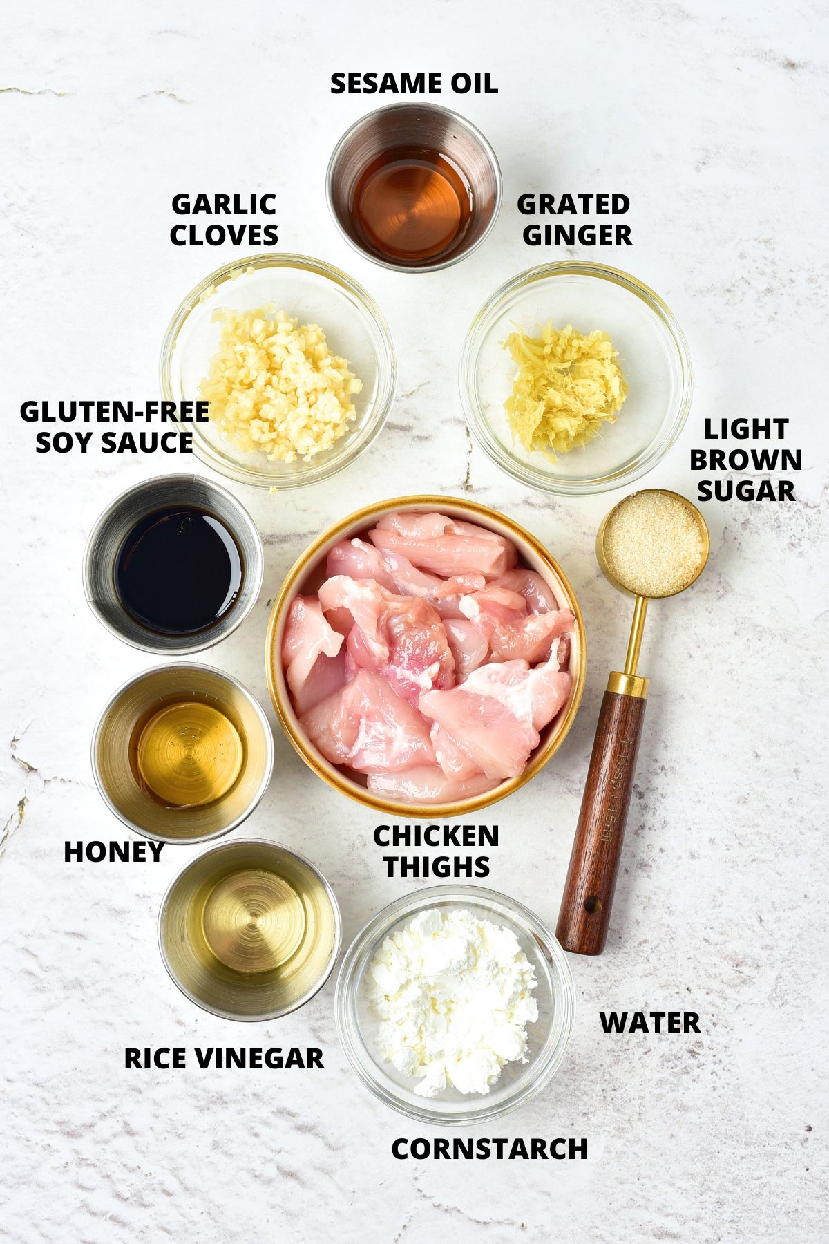 Gluten-Free Teriyaki Chicken Recipe (Dairy-Free) Ingredients for gluten-free teriyaki chicken recipe laid out on marble board