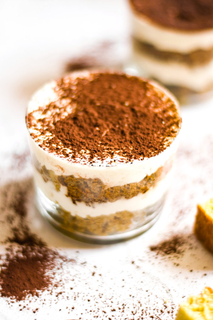 Gluten-free tiramisu sprinkled with cocoa powder
