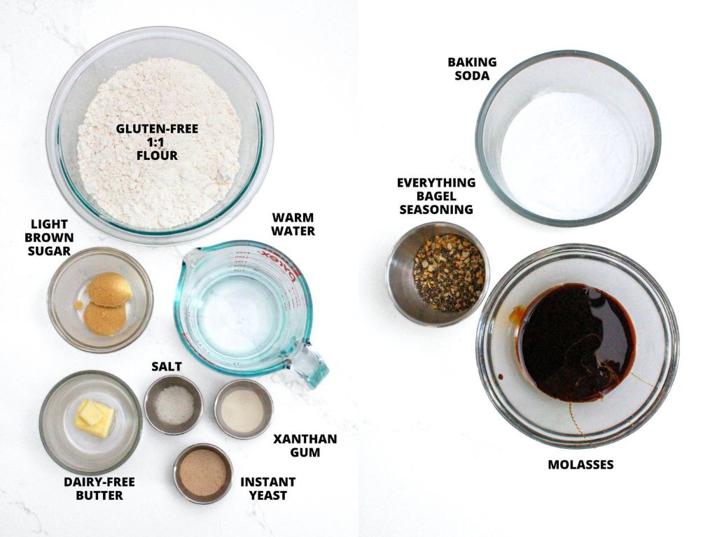 Ingredients for gluten-free vegan bagels recipe laid out on white board.