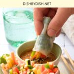 Dipping a summer roll into peanut sauce