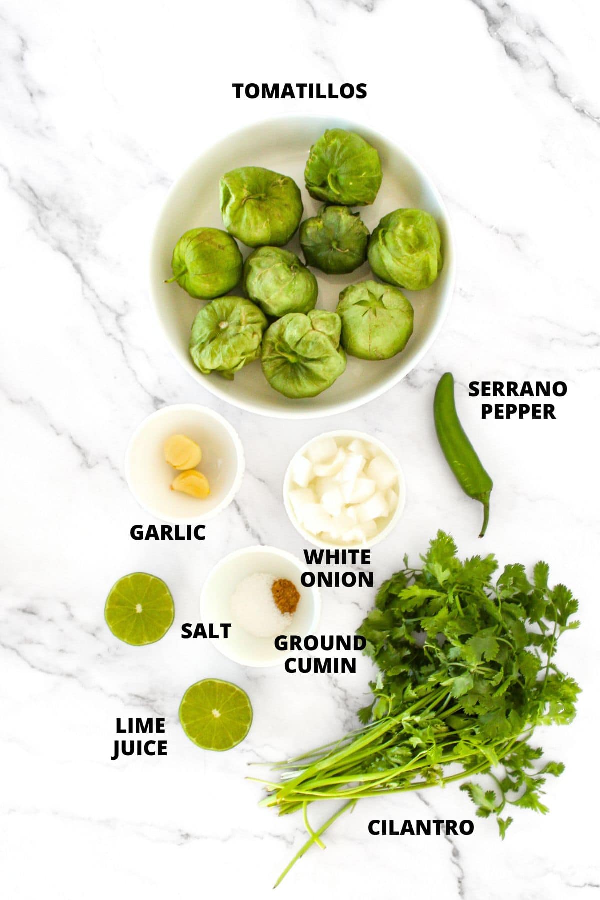 Ingredients for green tomatillo sauce recipe laid out on marble board.