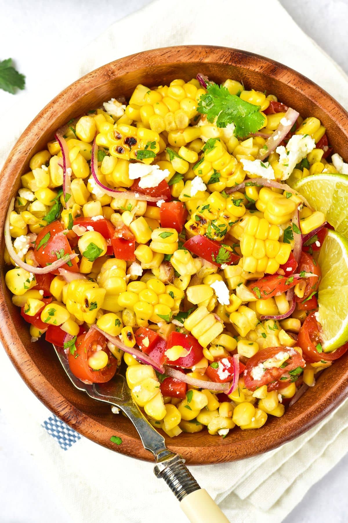 Grilled Corn Salad (Gluten-Free, Dairy-Free Option) Top down view of a bowl of grilled corn salad