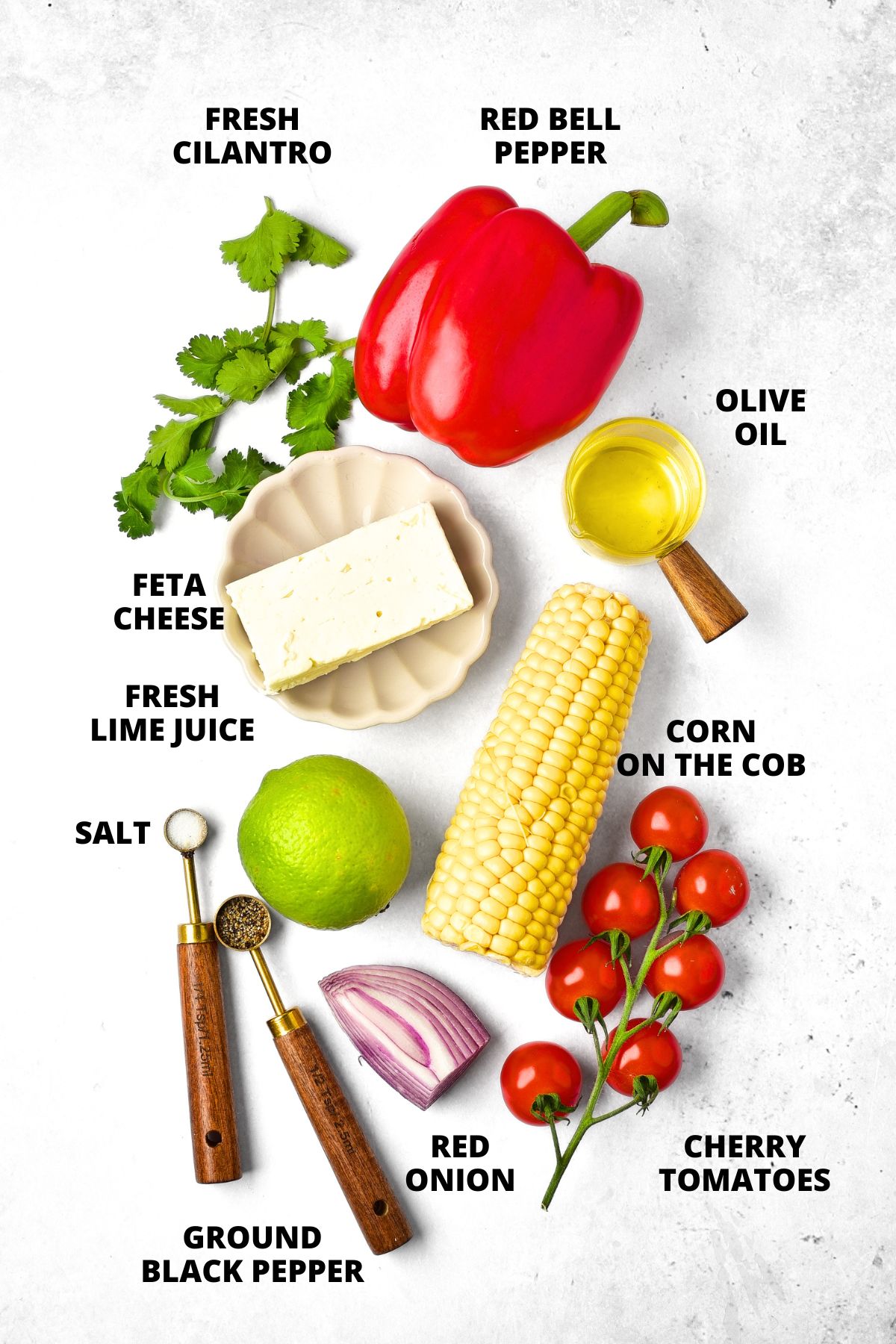 Grilled Corn Salad Recipe (Gluten-Free, Dairy-Free Option) Ingredients for grilled corn salad laid out on white board.