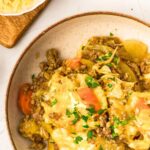 Top down view of a bowl of gluten-free ground beef potato casserole
