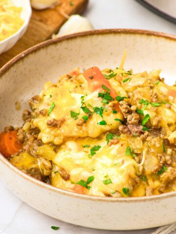A bowl of ground beef and potato casserole