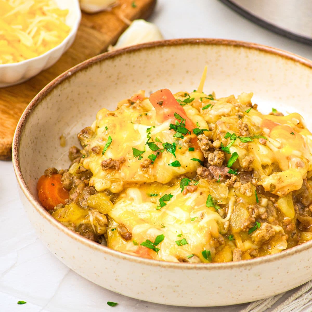 A bowl of ground beef and potato casserole